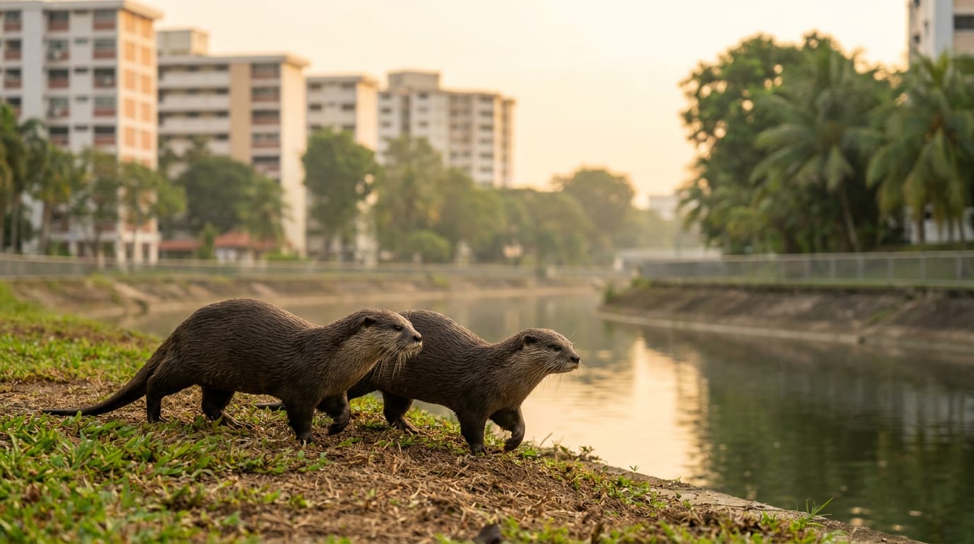Two smooth-coated otters on the grassy bank of an urban canal in Singapore at sunrise