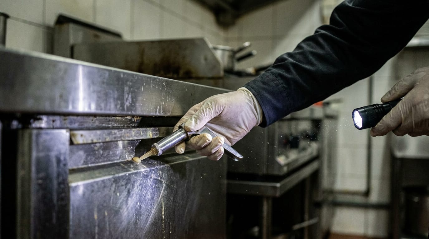 Pest control technician applying gel bait beneath a stainless steel counter in a commercial kitchen