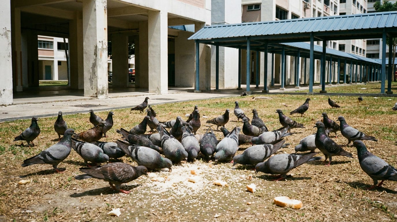 Flock of feral pigeons feeding on scattered food at a grass patch between HDB blocks in Singapore
