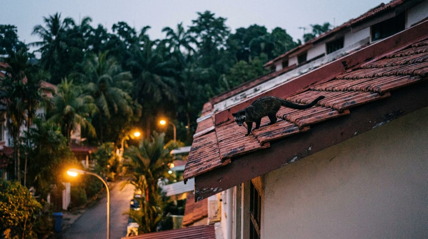 Common palm civet crossing a tiled rooftop in a Singapore residential estate at dusk
